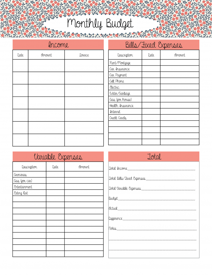 monthly budget printable sheets